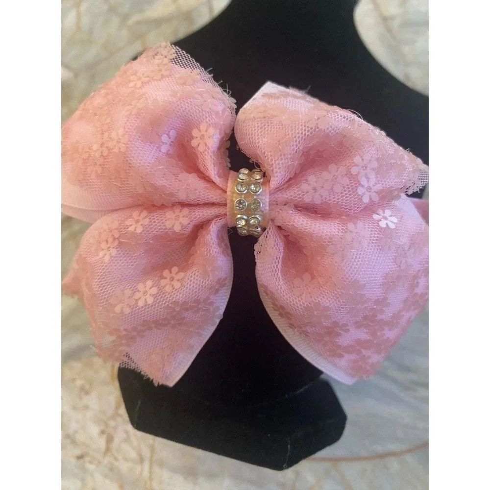 Pink Floral Lace‎ Layered Bow Headband with Rhinestone Center Coquette Style